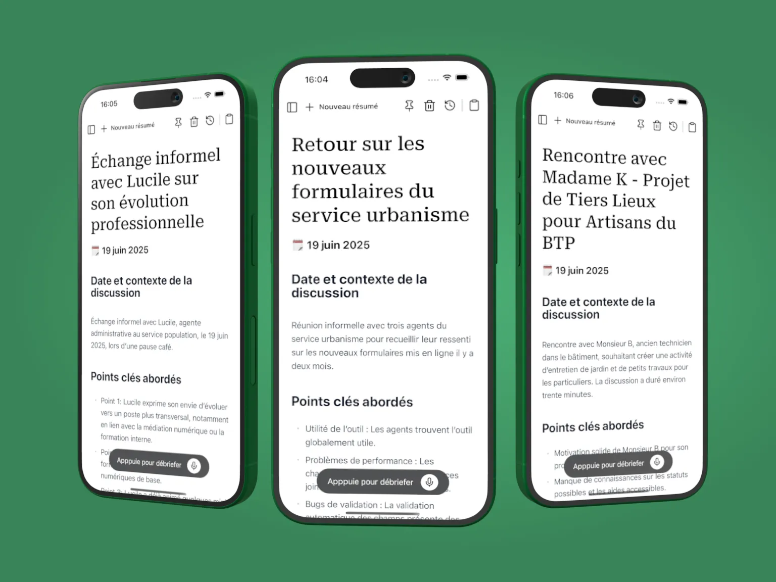Trois résumés de notes vocales générés par Kelper
