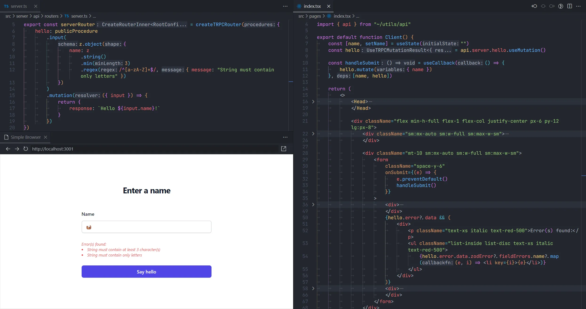 Screenshot showing an example of tRPC code handling form input errors