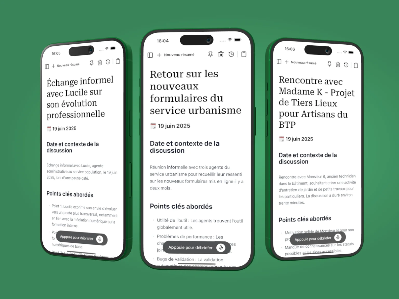Three summaries of voice notes generated by Kelper